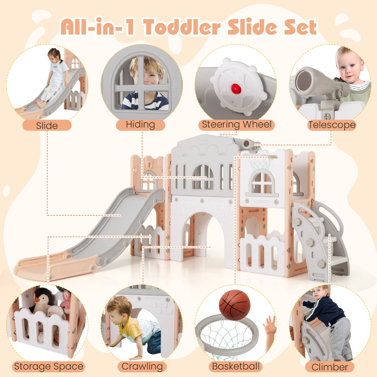 L Shaped Toddler Slide | Basketball Hoop Tunnel Climber Grey