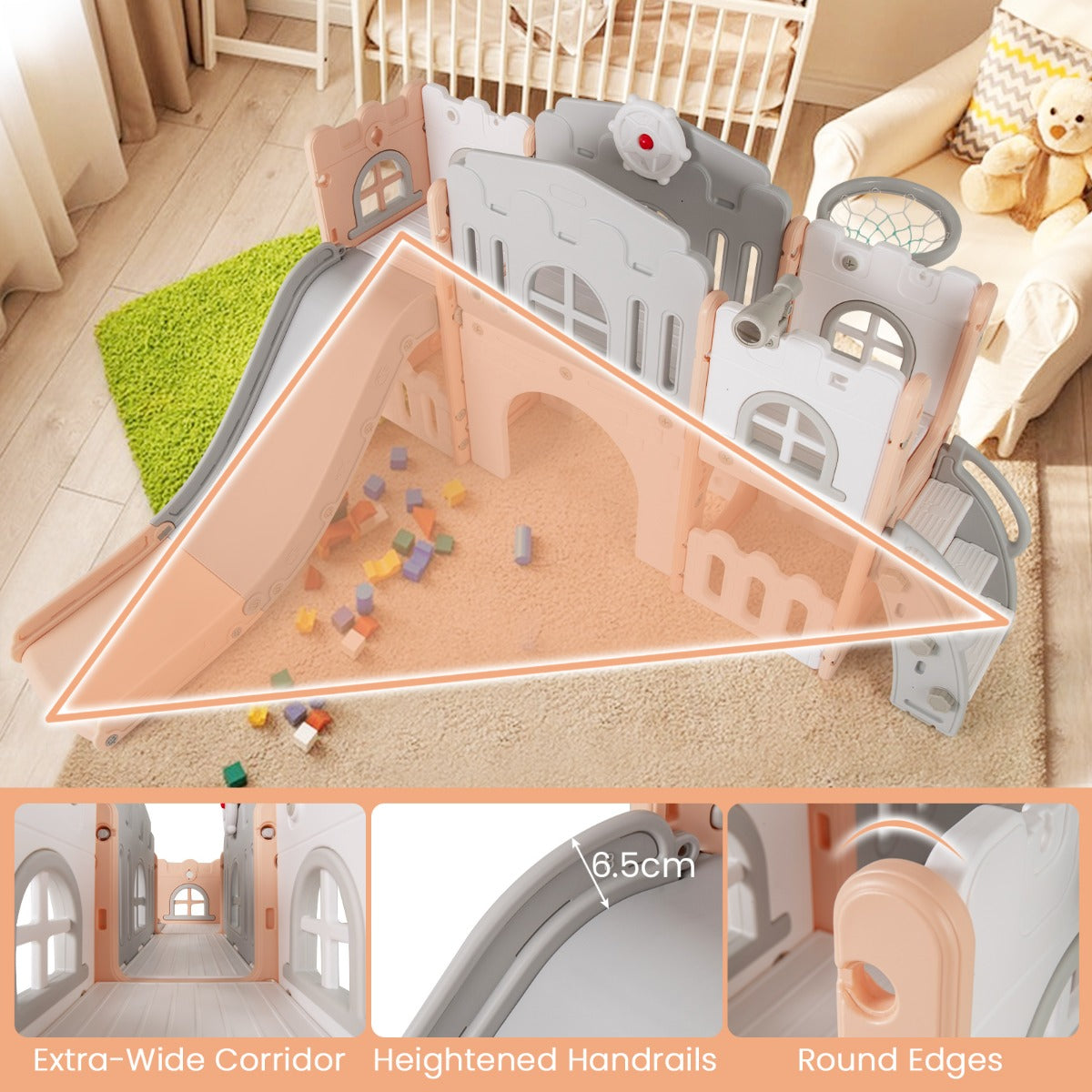 L Shaped Toddler Slide | Basketball Hoop Tunnel Climber Grey