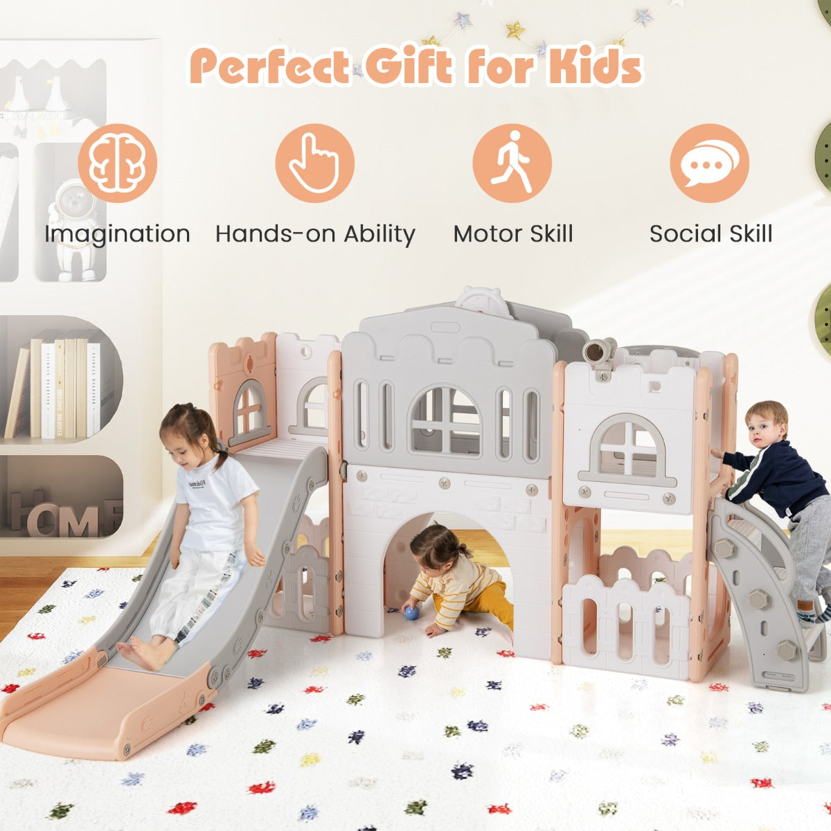 L Shaped Toddler Slide | Basketball Hoop Tunnel Climber Grey