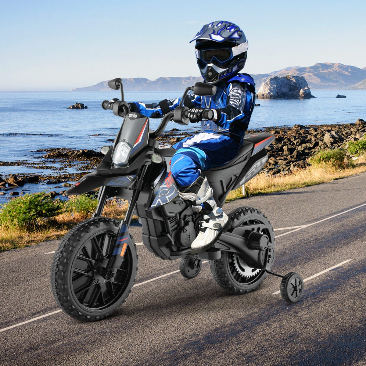 Aprilia Kids Electric Ride-On Motorcycle in Navy, ideal for training with safety wheels.