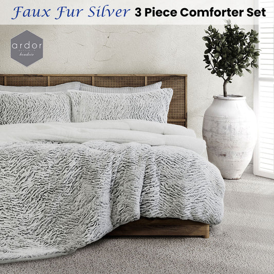 Silver faux fur comforter set for single/double beds - luxurious, soft, and stylish kids bedding.