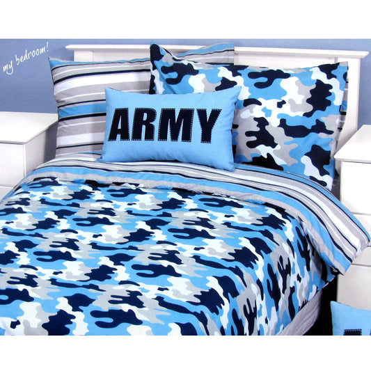 Army Blue Camo Kids Quilt Cover Set for cozy and playful bedroom decor.