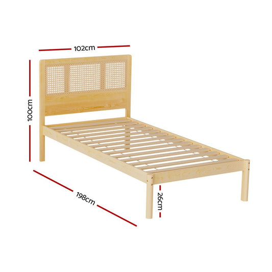 Single-size rattan bed frame with wooden accents, perfect for childrens bedrooms - Artiss RITA.