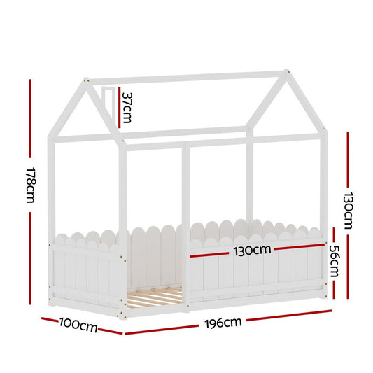 Kids wooden house bed frame in white, perfect for playful bedroom decor.