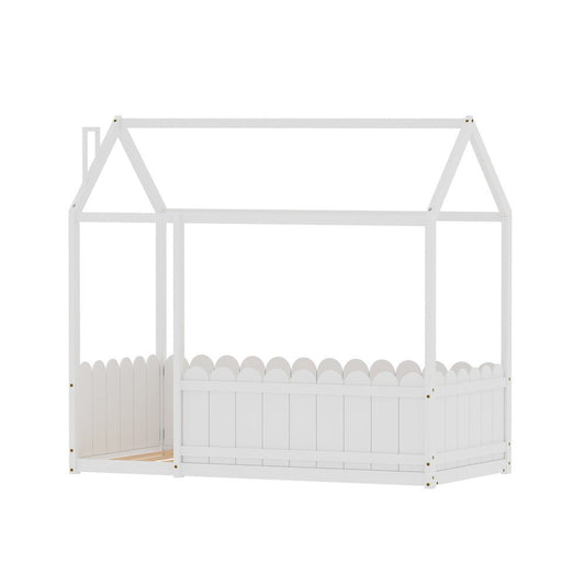 Kids white wooden house bed frame, ideal for a playful and cozy bedroom decor.