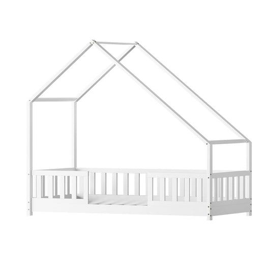 Kids white wooden house bed frame, cozy and playful addition to childrens bedroom decor.