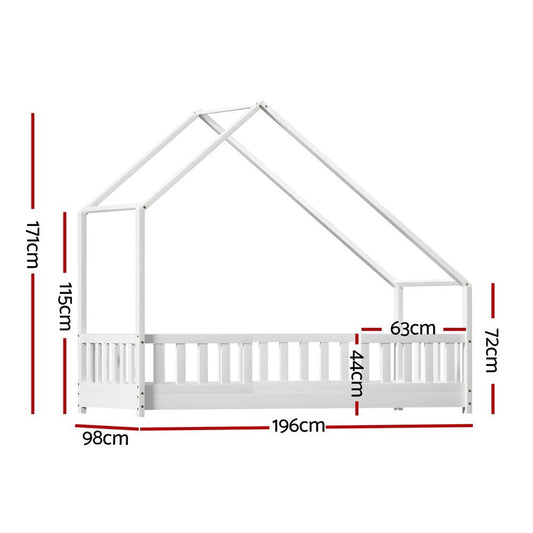 White wooden kids house bed frame, single size, ideal for playful childrens room decor.