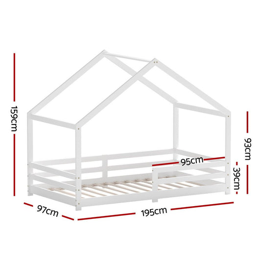 White wooden kids single house bed frame by Artiss, ideal for cozy childrens bedrooms.