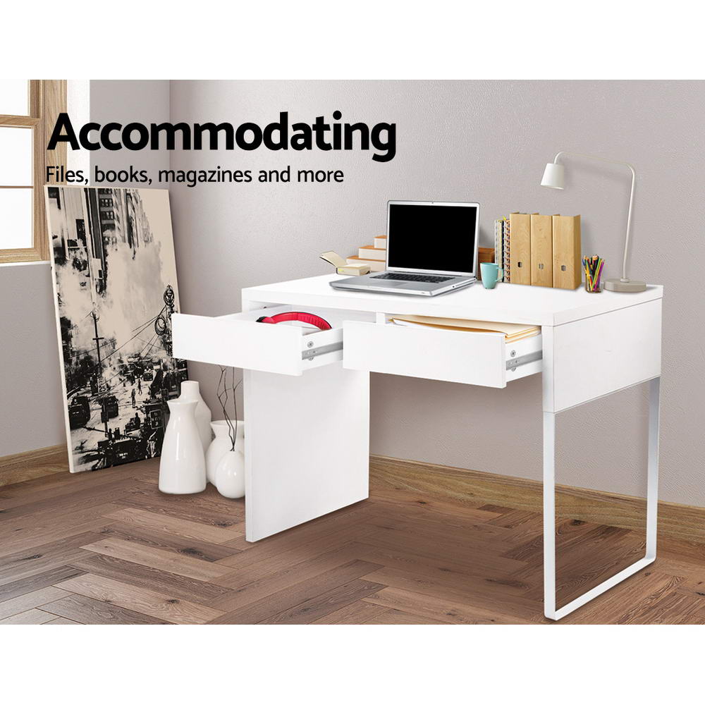 White computer desk with drawer, designed for teens study and organization in home setting.