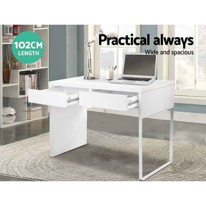 Modern white computer desk with drawer, perfect for teens study and gaming setup.