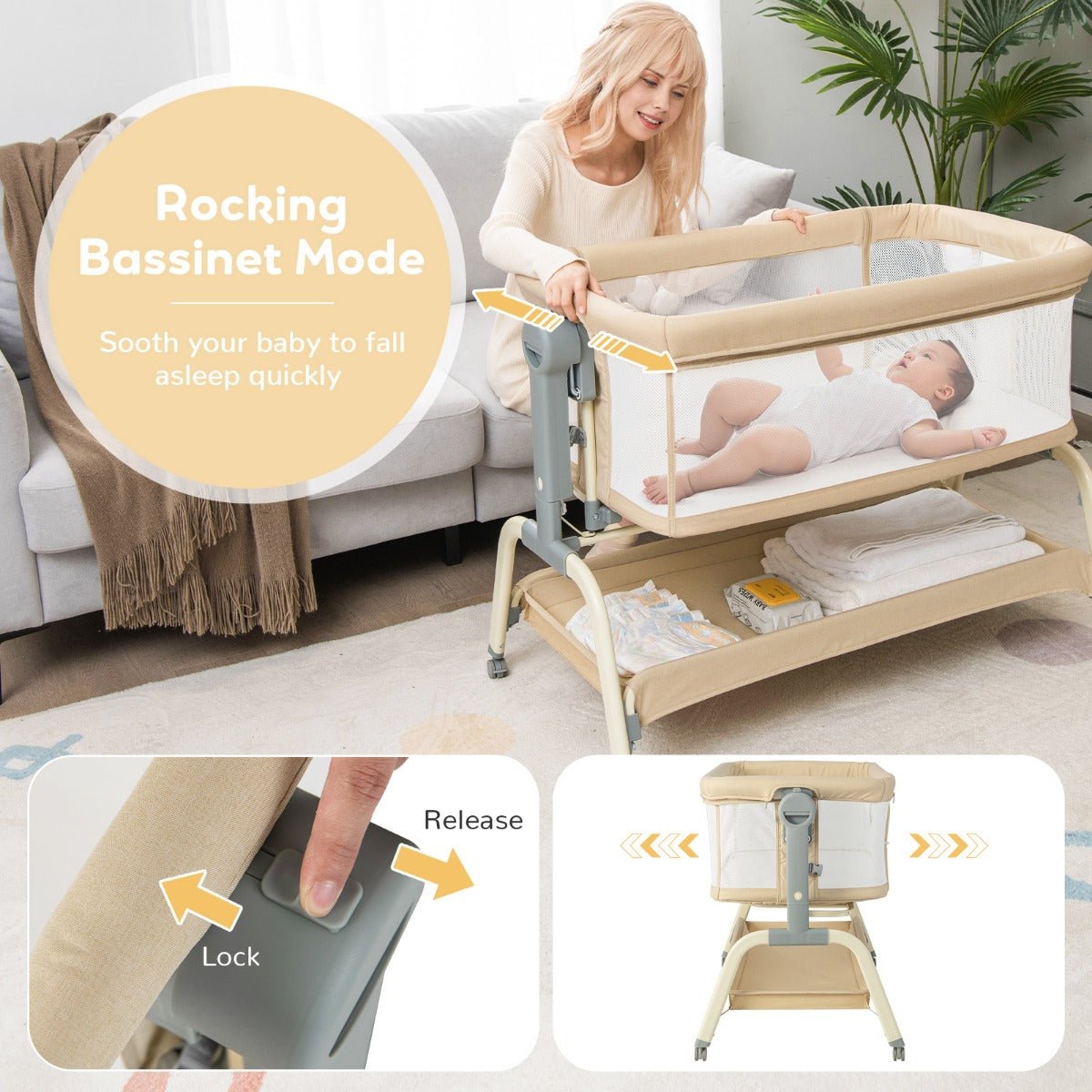 3 in 1 Baby Travel Cot with Mattress and Mosquito Net Beige