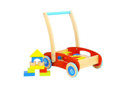 Colorful baby walker with educational blocks for interactive play and early walking development.