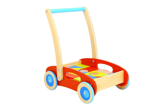 Colorful baby walker with interactive blocks for early learning and development at home.