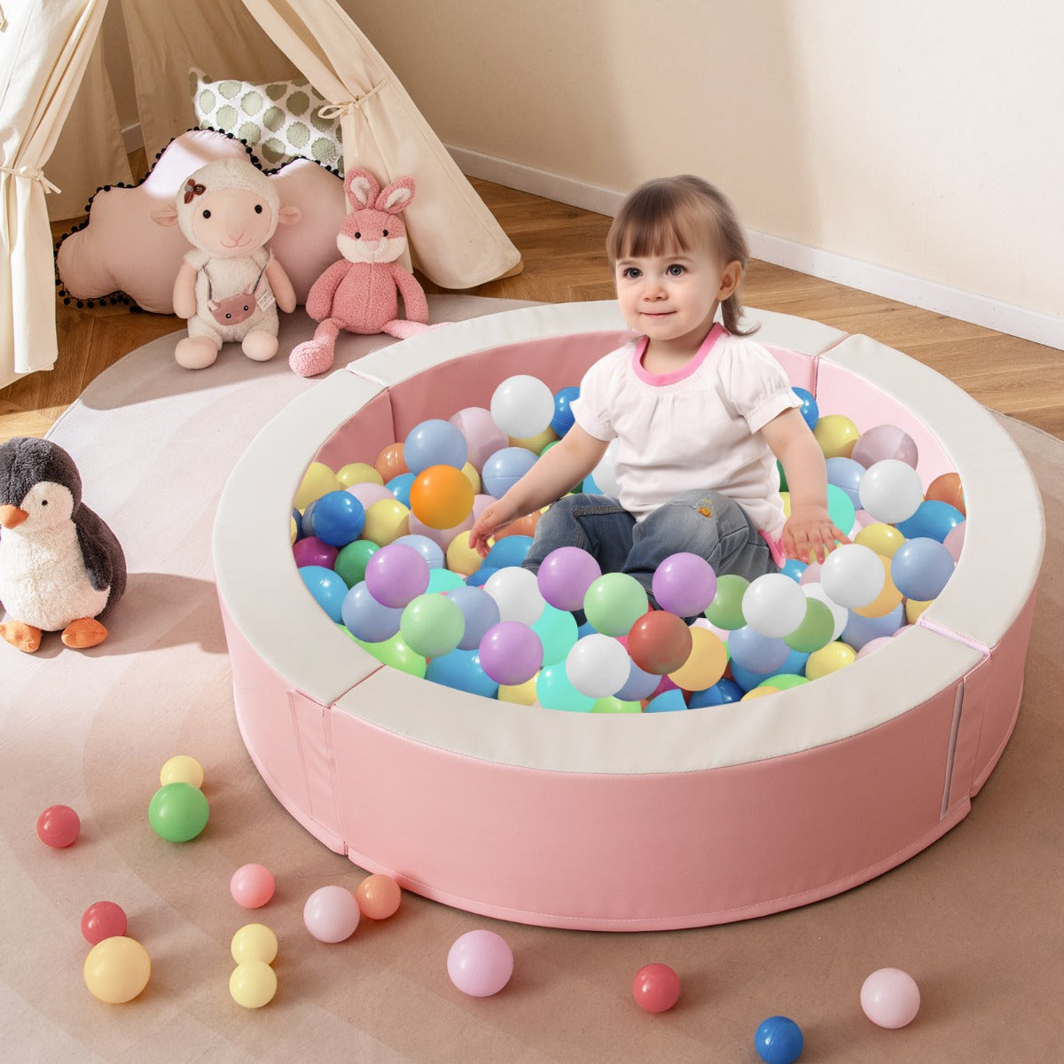 Costway 113 x 26 cm Baby Ball Pit with 50 Colorful Ocean Balls for 1+ Years-Pink