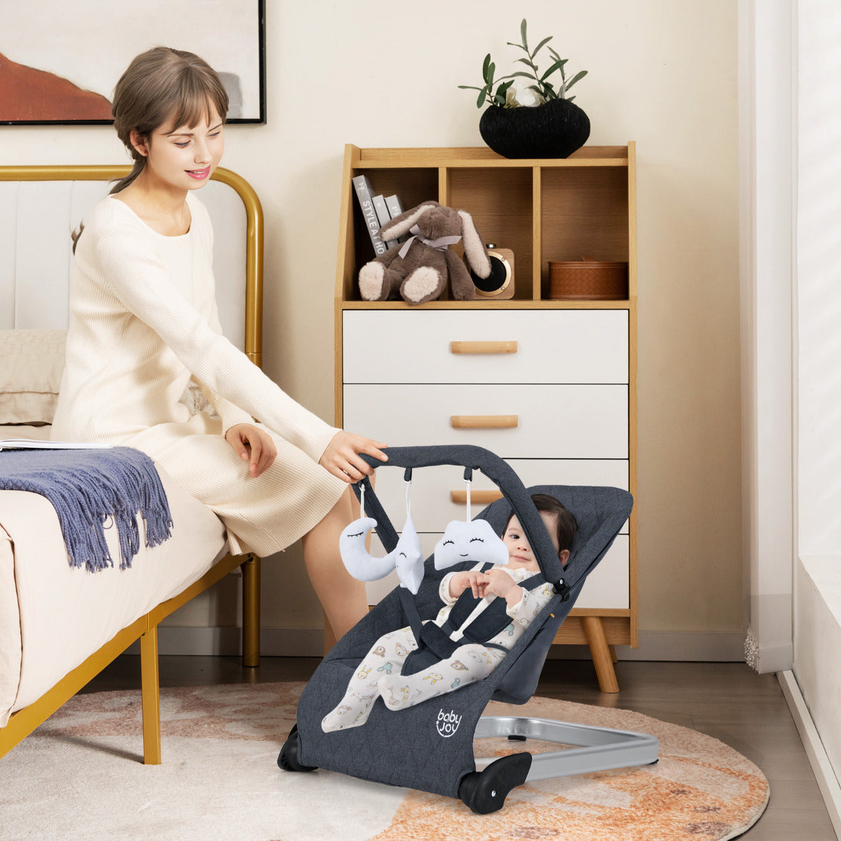 Costway Foldable Baby Rocker with 5 point Safety Harness for Newborns-Dark Grey