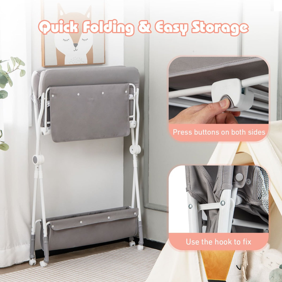 Folding Baby Changing Table with Storage | Grey Adjustable Height