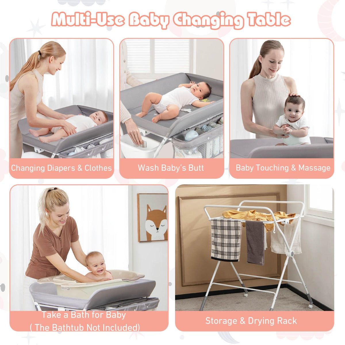 Folding Baby Changing Table with Storage | Grey Adjustable Height