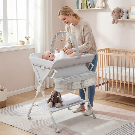 Grey Baby Changing Table With Storage Bag and Shelf | Foldable