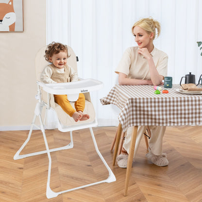 Costway Baby Foldable High Chair with Removable Adjustable Tray and PU Seat Cushion-Beige