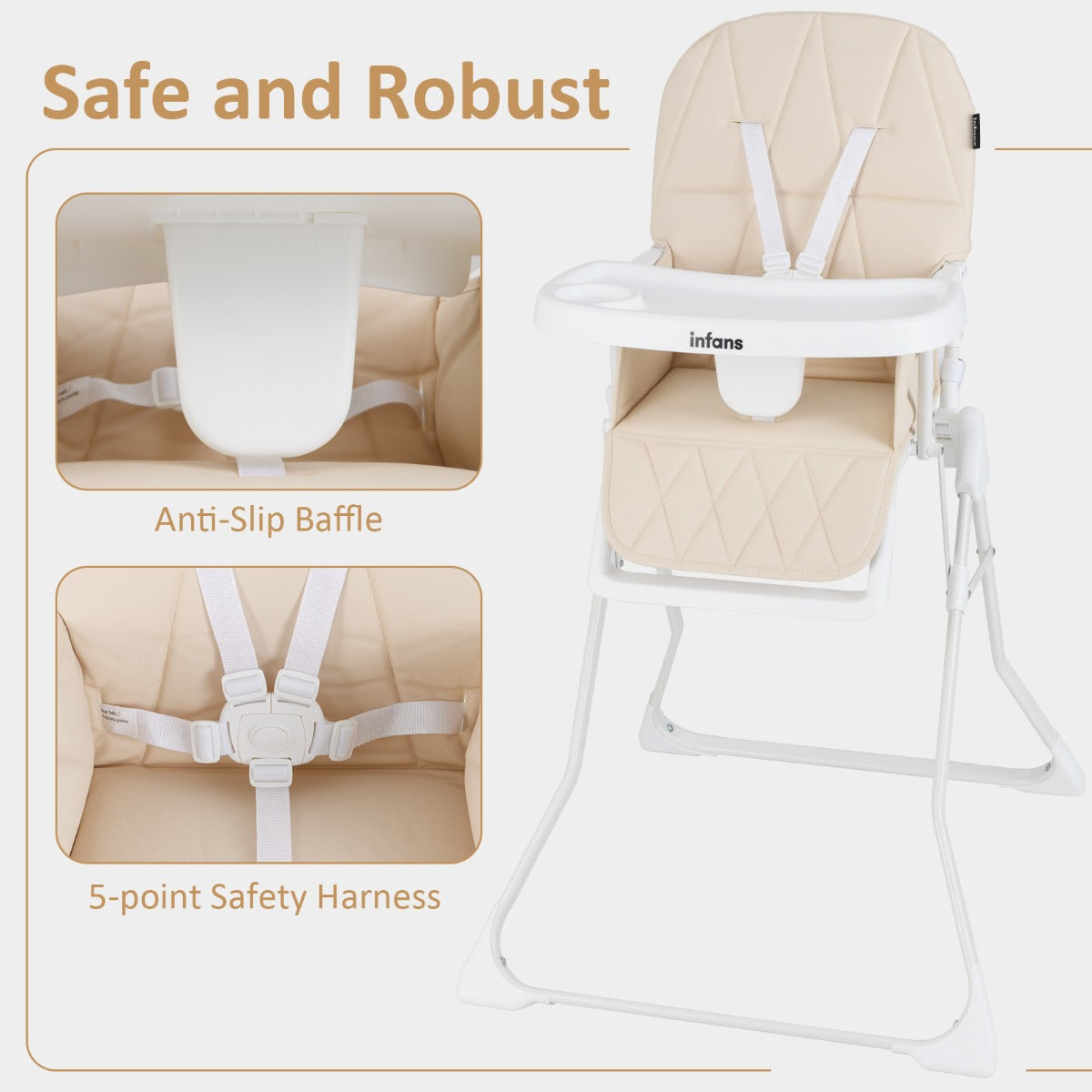 Foldable High Chair | Adjustable Beige PU Seat & Removable Tray