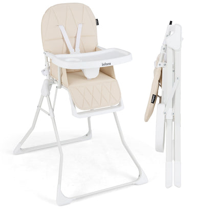 Foldable High Chair | Adjustable Beige PU Seat & Removable Tray