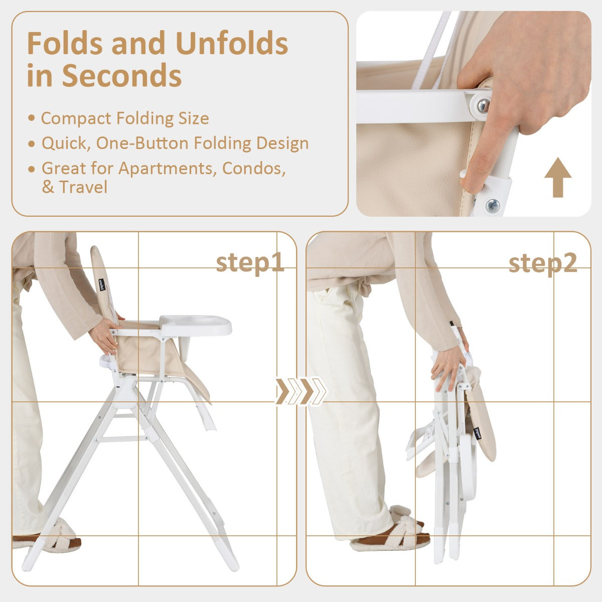 Foldable High Chair | Adjustable Beige PU Seat & Removable Tray