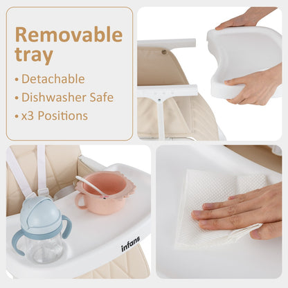 Foldable High Chair | Adjustable Beige PU Seat & Removable Tray