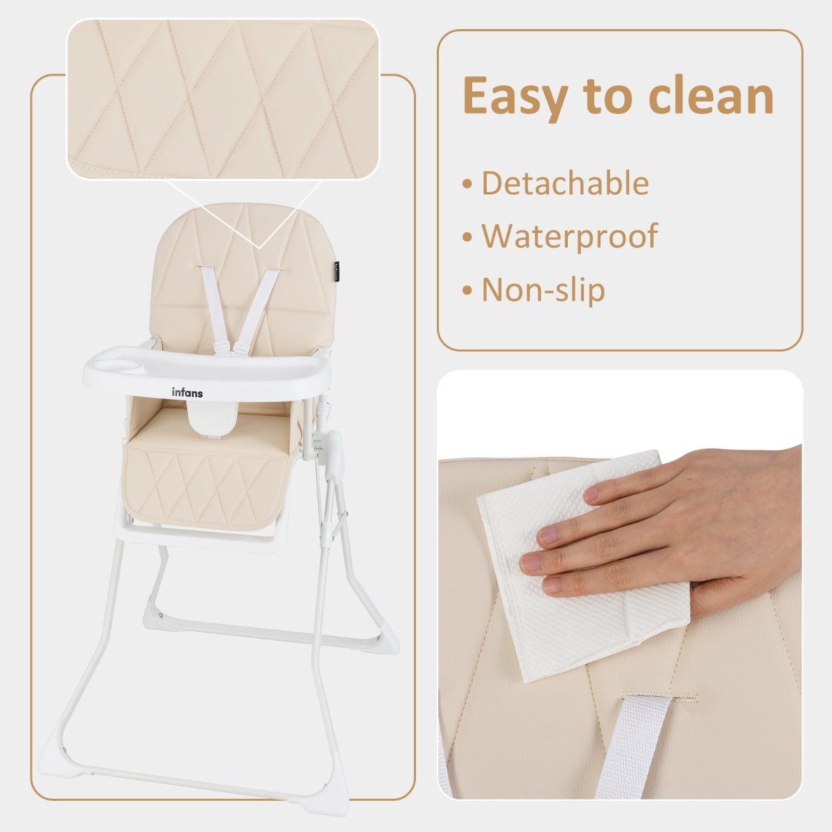 Foldable High Chair | Adjustable Beige PU Seat & Removable Tray