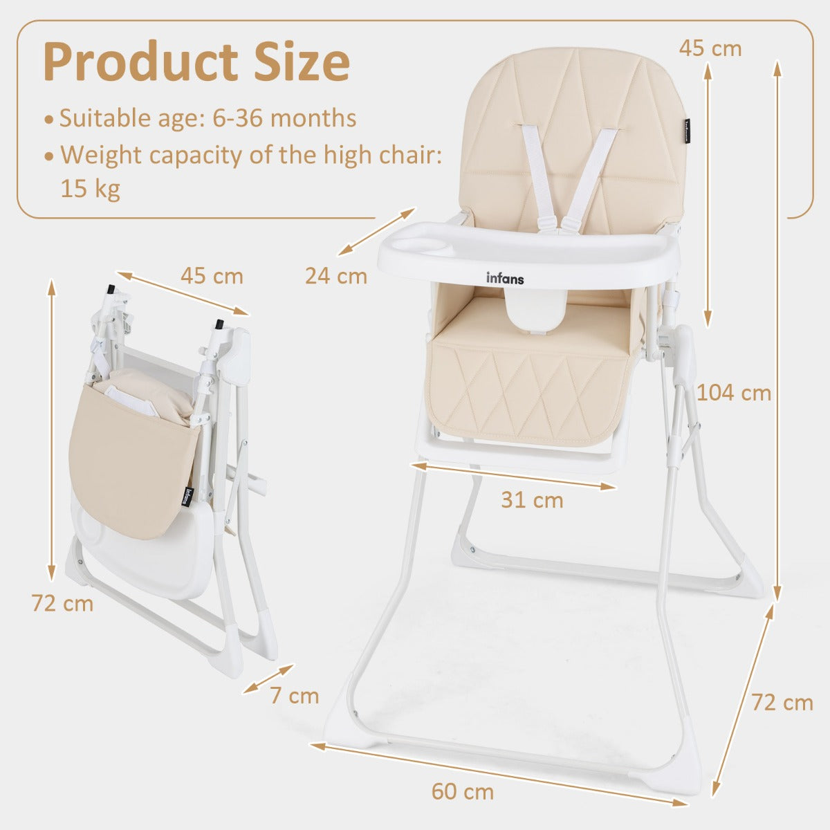 Foldable High Chair | Adjustable Beige PU Seat & Removable Tray