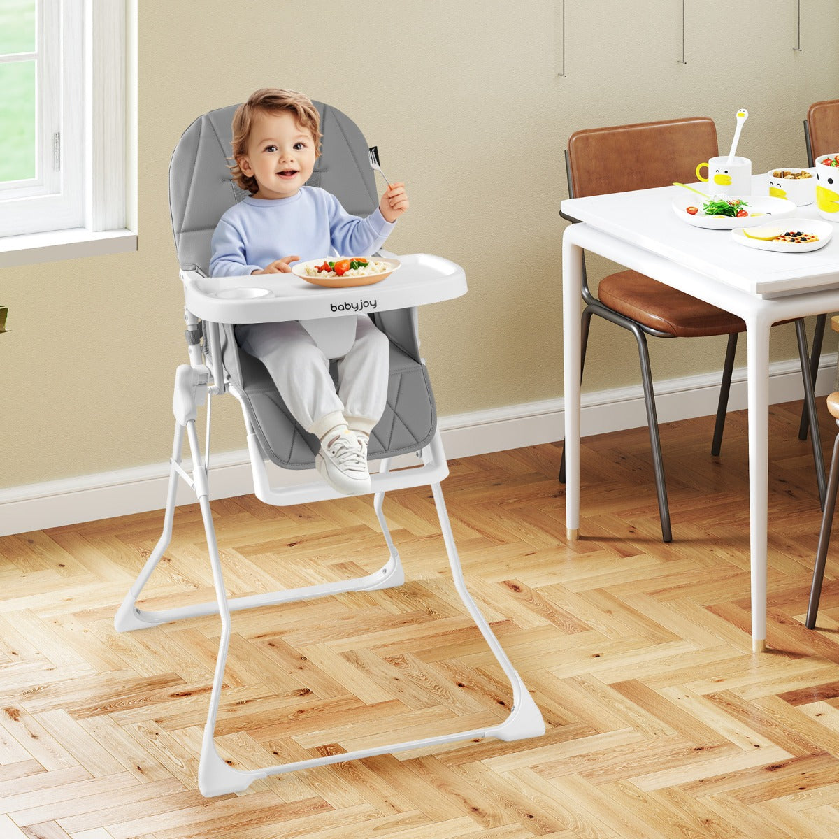 Costway Baby Foldable High Chair with Removable Adjustable Tray and PU Seat Cushion-Grey