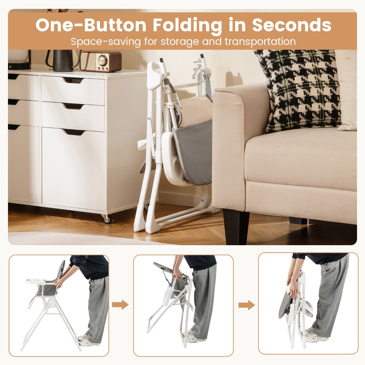 Baby Foldable High Chair | Grey PU Seat & Adjustable Tray