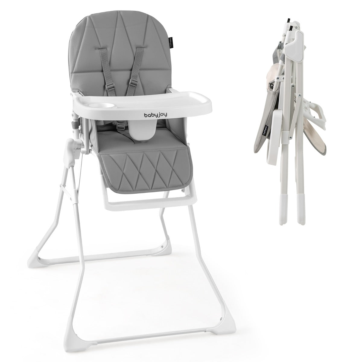 Baby Foldable High Chair | Grey PU Seat & Adjustable Tray