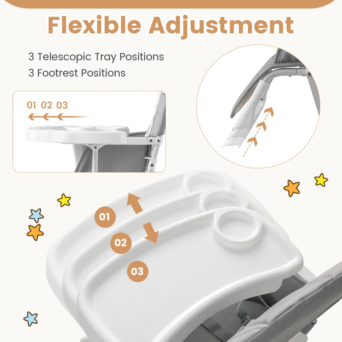 Baby Foldable High Chair | Grey PU Seat & Adjustable Tray