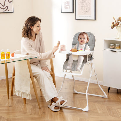 Baby Foldable High Chair | Grey PU Seat & Adjustable Tray