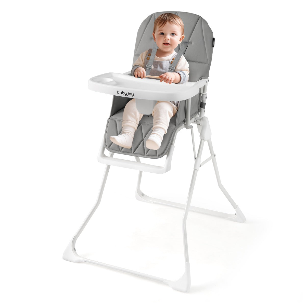 Baby Foldable High Chair | Grey PU Seat & Adjustable Tray