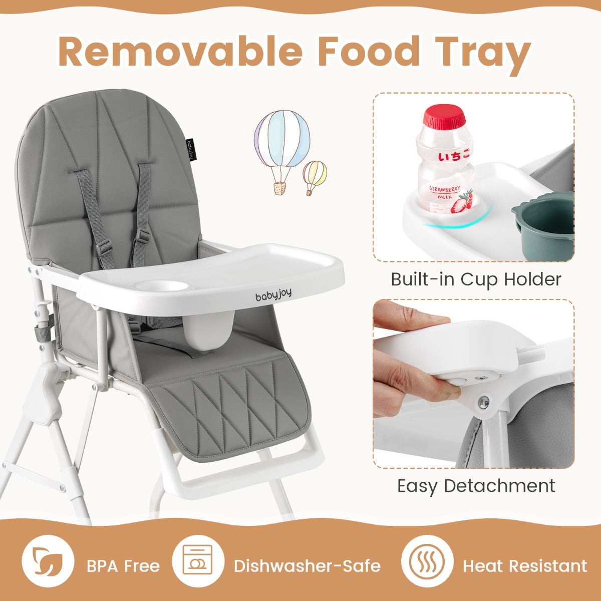 Baby Foldable High Chair | Grey PU Seat & Adjustable Tray