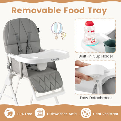 Baby Foldable High Chair | Grey PU Seat & Adjustable Tray