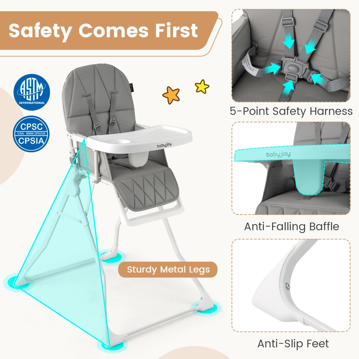 Baby Foldable High Chair | Grey PU Seat & Adjustable Tray