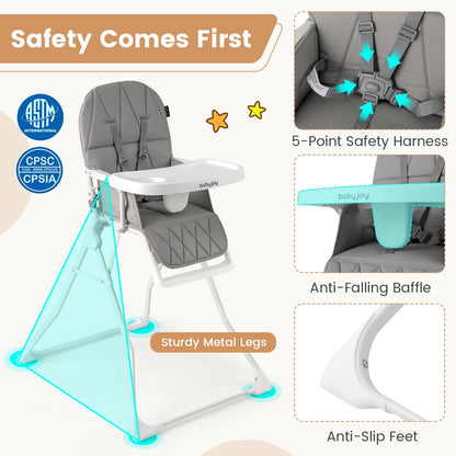 Baby Foldable High Chair | Grey PU Seat & Adjustable Tray
