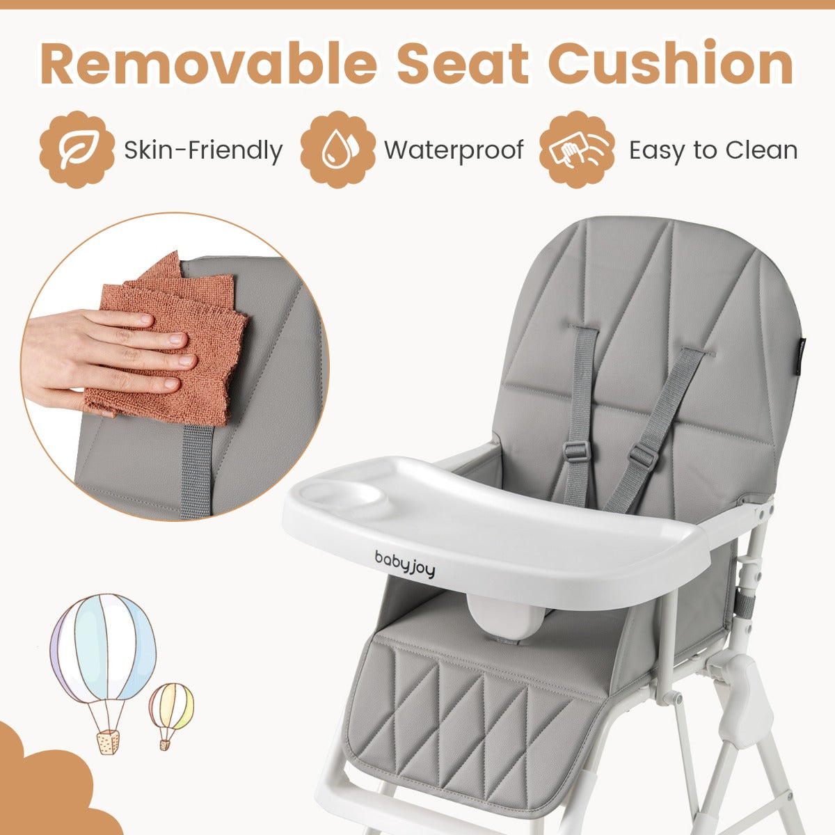 Baby Foldable High Chair | Grey PU Seat & Adjustable Tray