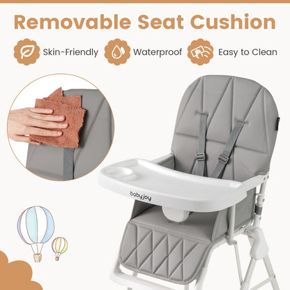 Baby Foldable High Chair | Grey PU Seat & Adjustable Tray