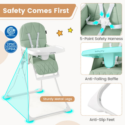 Baby Foldable High Chair | Green PU Cushion & Adjustable Tray