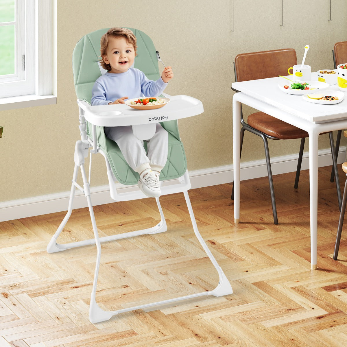 Costway Baby Foldable High Chair with Removable Adjustable Tray and PU Seat Cushion-Green