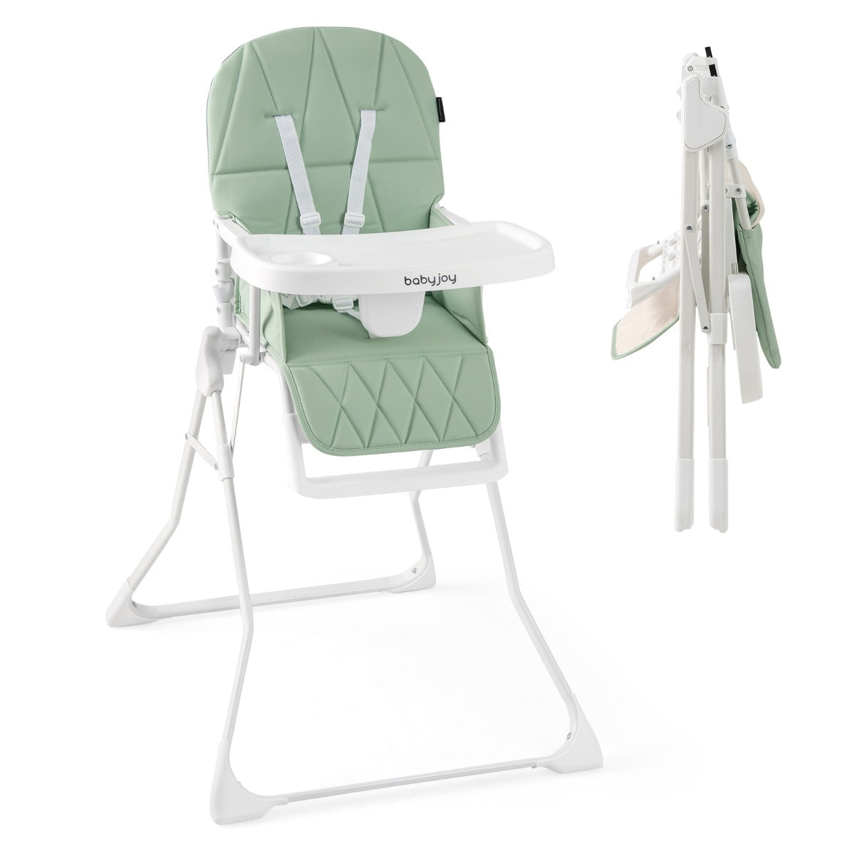 Baby Foldable High Chair | Green PU Cushion & Adjustable Tray