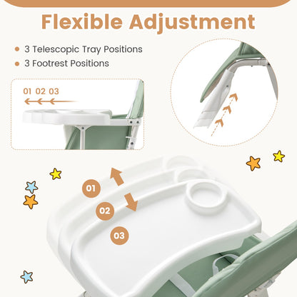 Baby Foldable High Chair | Green PU Cushion & Adjustable Tray