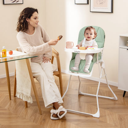 Baby Foldable High Chair | Green PU Cushion & Adjustable Tray