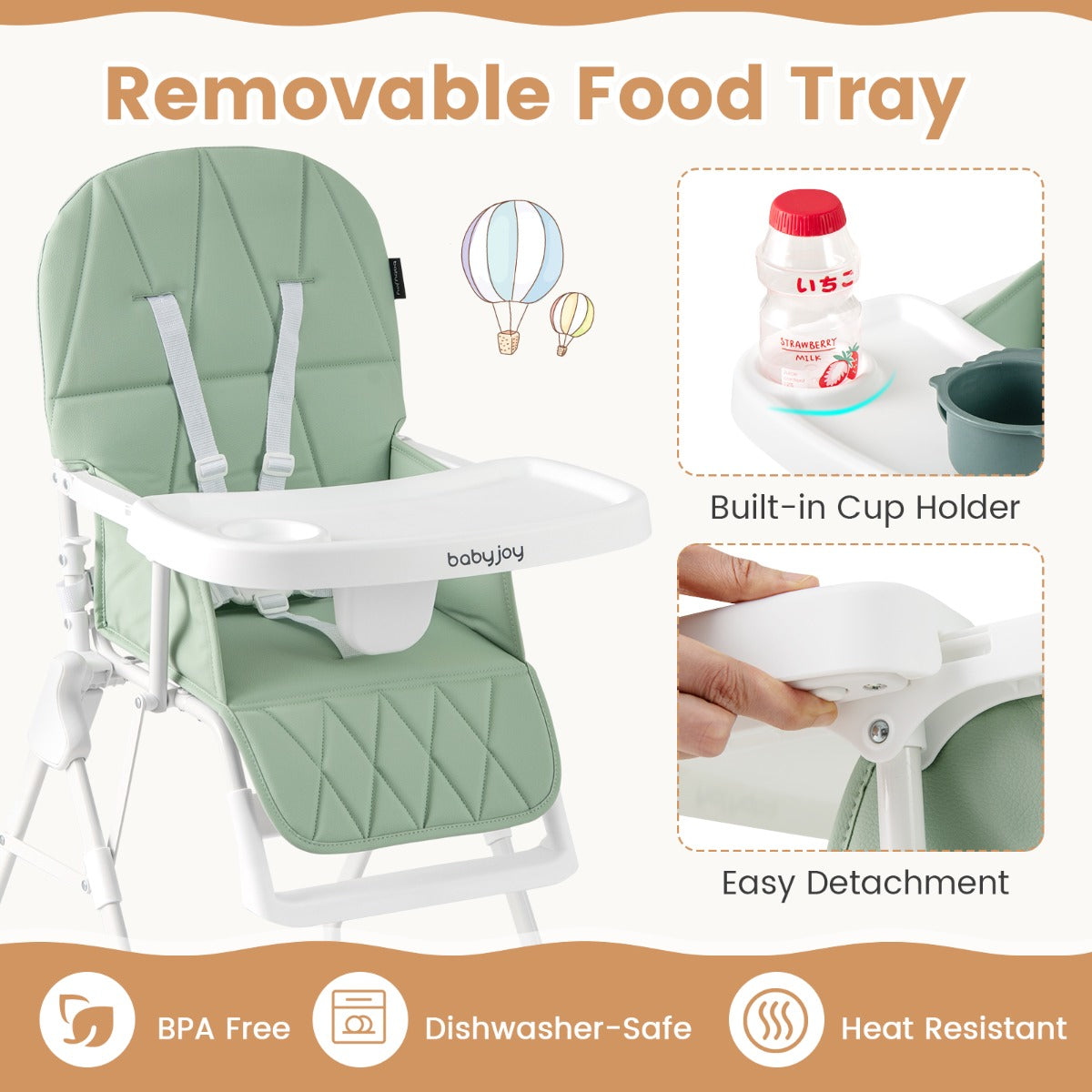 Baby Foldable High Chair | Green PU Cushion & Adjustable Tray