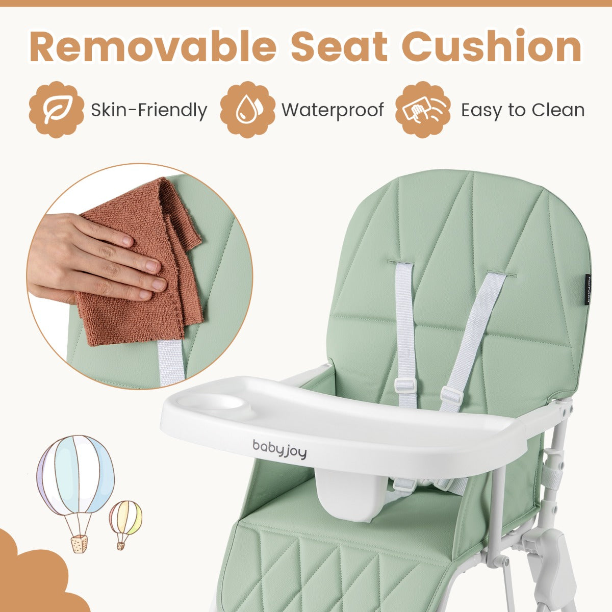 Baby Foldable High Chair | Green PU Cushion & Adjustable Tray