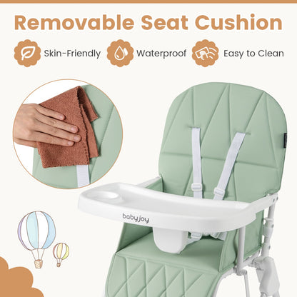 Baby Foldable High Chair | Green PU Cushion & Adjustable Tray