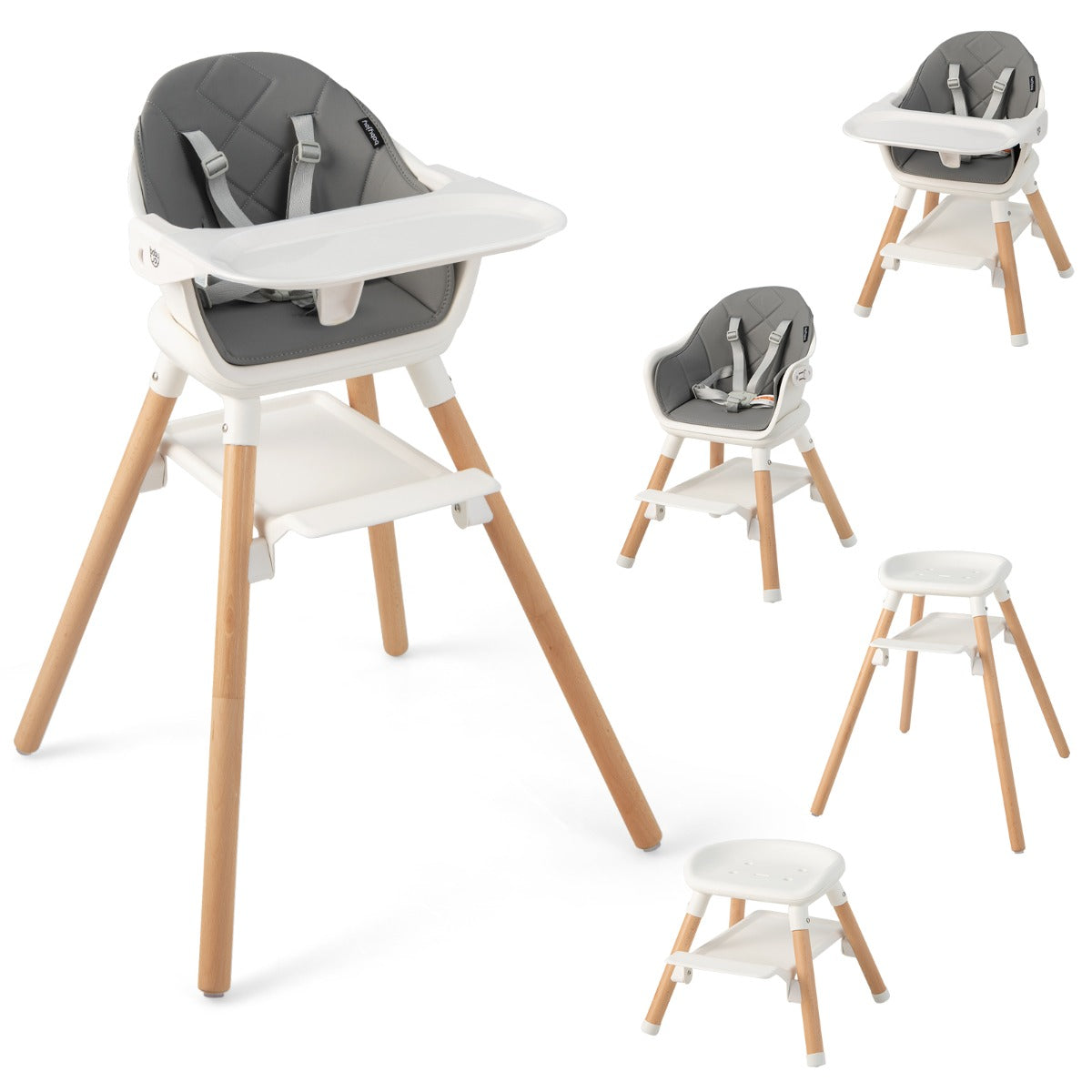 Convertible high chair with dishwasher-safe tray for growing kids at home.